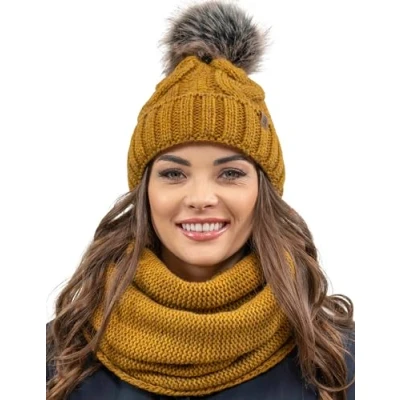 Image of Vivisence Stylish Women&#039;s Winter Set Including Pompom Hat and Cozy Snood Scarf Made from Soft Warm Fabric Smooth Fleece Lining Ideal for Cold Days, Dark Yellow,UNI