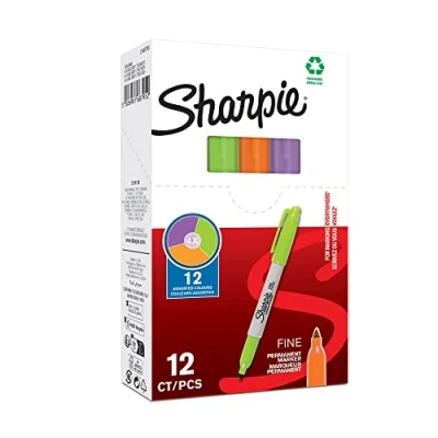 Image of SHARPIE 94327 Pack of 12 Fine Markers, 1 mm, Multicoloured, Purple/Pink/Bright Blue