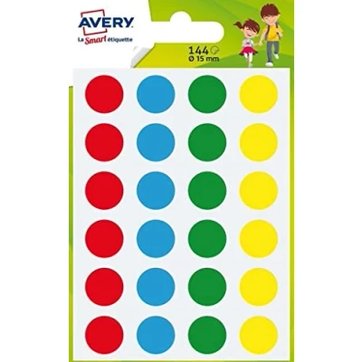 Image of Avery Packet of 144 Round Stickers ø15 mm 4 Colours (Green, Red, Yellow, Blue) PASMX15 (Assorted Colours)