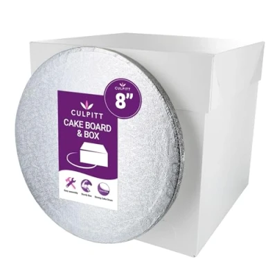 Image of Culpitt 8&quot; Round Silver Cake Drum Board &amp; Tall White Box Combo, 8 x Inch Square and Matching Circle Set For Tiered or Decorated Transport