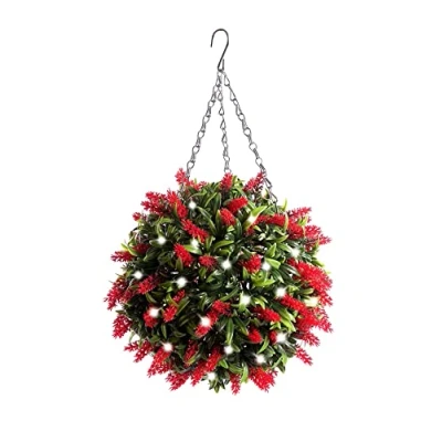 Image of Best Artificial 28cm Pre Lit Lavender Flower Ball with 30 Bright White LED Waterproof Battery Lights (Red)