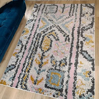 Image of Modern Distressed Blush Pink Geometric Carpet Rug Ochre Yellow Blue Hand Carved Tribal Striped Lounge Living Room Bedroom Hallway Mat Area Rugs 80cm x 150cm