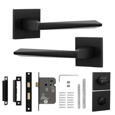 Image of Decoranddecor Black Door Handles Internal Aluminium Matt Handle Sets for Wooden Interior Doors with Bathroom Lock and Turn Release Leda Range