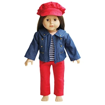 Image of The New York Doll Collection 18 inch / 46cm Outfits Denim Jacket with Striped Tee Red Trousers, Hat Included Dolls Clothing Fits