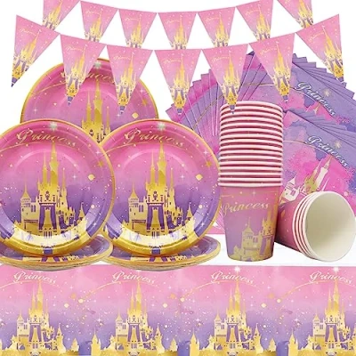 Image of Doyomtoy Princess Castle Party Tableware Pink Girl Birthday Decoration 62 Pieces Paper Plates Cups Napkins Tablecloth Decorations