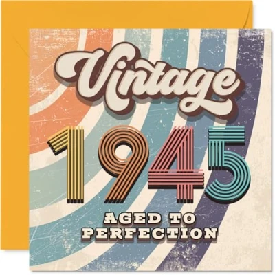 Image of 80th Birthday Card for Men Women Vintage 1945 Aged To Perfection Happy 80 Cards Dad Uncle Nanny Nan Husband Grandma, 145mm Bday Greeting
