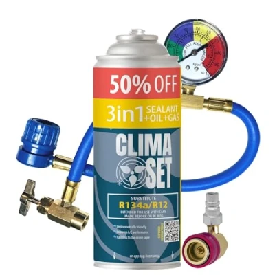 Image of ClimaSet Replacement of 3in1 refrigerant gas R134a 1x235 g for air conditioning with hose, pressure gauge and HP/LP adapter Car recharge ECO