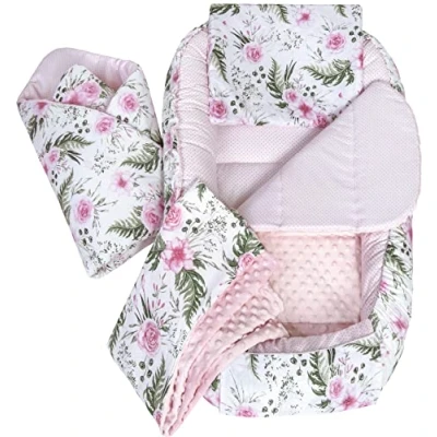 Image of Medi Partners 5pcs Set with Baby Nest 100x60x15cm Removable Insert Flat Cushion Blanket Babyhorn for Babies Newborns 100% Cotton (Flowers light pink Plush)