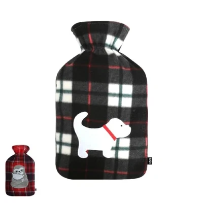 Image of LKH Hot Water Bottle with Cover UK 2L for &amp; Cold Compress Washable Super Soft Black Check Fleece Neck Shoulder Period Pain Relief Gift Her