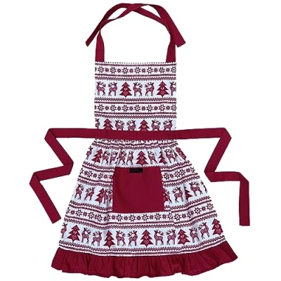 Image of Ragged Rose Christmas Apron Cotton for Cooking &amp; Dishwashing Frilly with Adjustable Neck Strap, Front Pocket Ties Vintage Women Nordic Red 85 x 60 cm