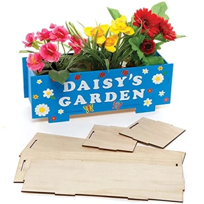 Image of Baker Ross FE507 Wooden Craft Planter for Kids Pack of 2, Garden Kit, Make Your Own Plant Pot Ideal Children and Adults to Paint Decorate, Brown