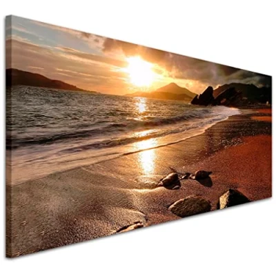 Image of Wallfillers Wide Canvas Prints of a Beach Sunset for your Living Room Modern Seaside Wall Art 1131 118x49cm