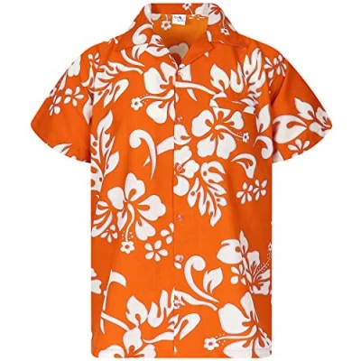 Image of King Kameha Floral Vibes Hibiscus Print Hawaii Colorful Stylish Shirt Standard Fit, Hibiscus, Orange, 4XL