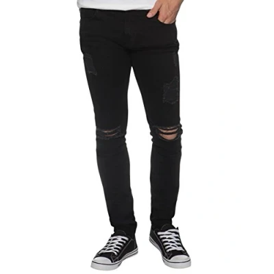 Image of New Mens Skinny Jeans EZ383 Super Stretch Ripped Style Denim Pants Trousers (38R, Black)