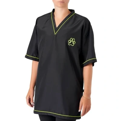 Image of Groomers Dog Grooming V Neck Tunic Hair Resistant &amp; Lightweight Machine Washable Quick Drying Unisex Short Sleeve Professional Workwear (UK, Alpha, M, Regular, Black Neon Piping)