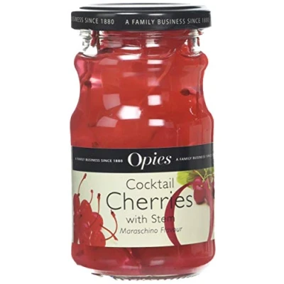 Image of Opies Red Marachino Cocktail Cherries with Stem 225g Jar for Cocktails