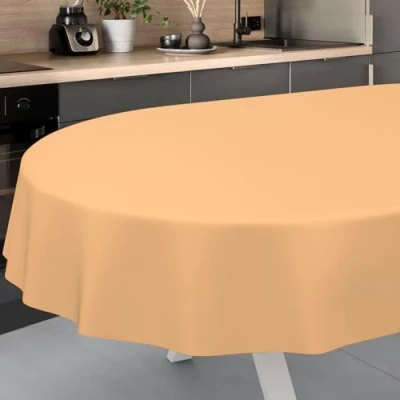 Image of ANRO Oilcloth Tablecloth, Washable, Oilcloth, Garden Outdoor, Indoor, Oval, 160 x 140 cm, Cut Edge, Apricot