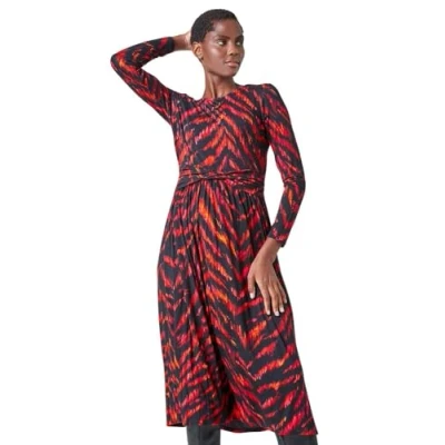 Image of Roman Originals Animal Print Twist Waist Midi Stretch Dress for Women UK Ladies Everyday Autumn Winter Round Neckline Comfy Soft Evening Vacation Work Party Night Out Pink Size 12