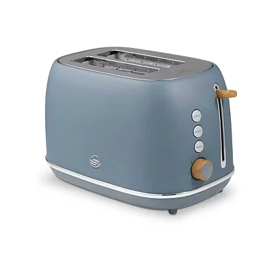 Image of Swan ST19030GRY Fjord 2 Slice Toaster with 7 Browning Levels, Defrost/Reheat/Cancel, 800W, Grey &amp; Wooden Accents