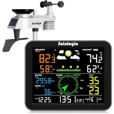 Image of Sainlogic Weather Station Wireless Indoor Outdoor, with Rain Gauge and Wind Speed/Direction, Temperature, Humidity, Air Pressure, Forecast, Moon Phase, Alarm