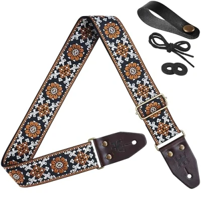 Image of Amumu Brown Lucky Flower Embroidery Guitar Strap Vintage Style with Top Grain Cowhide Leather Ends &amp; Pick Pocket Fits Bass, Electric, Acoustic Guitars