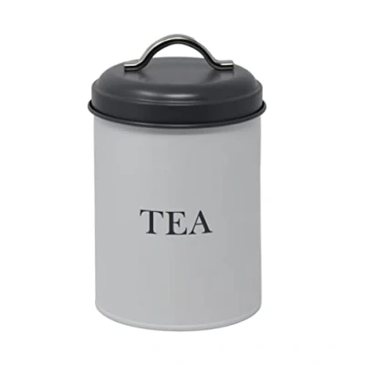 Image of Monsoon Airtight Tea Canister White &amp; Grey Barrel Storage Round Metal Caddy Individual Jar Kitchen Container Tin Vintage (Tea)