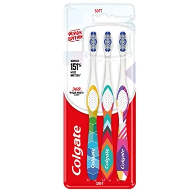 Image of Colgate 360 Whole Mouth Clean Design Edition toothbrush soft bristle slim tip interdental bristles polishing cups help to remove stains cheek and tongue cleaner designer handles