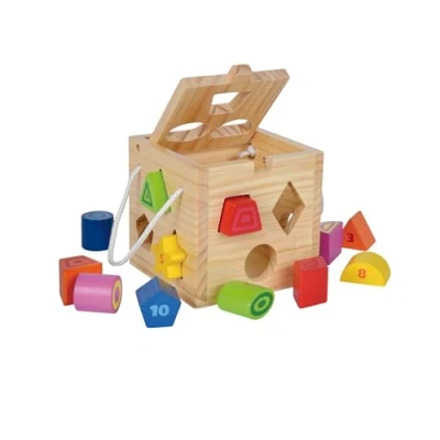 Image of Eichhorn Wooden Shape Sorting Cube with 12 Colourful Blocks Number and Letters Handy Carry Handles on Case for Ages 1+