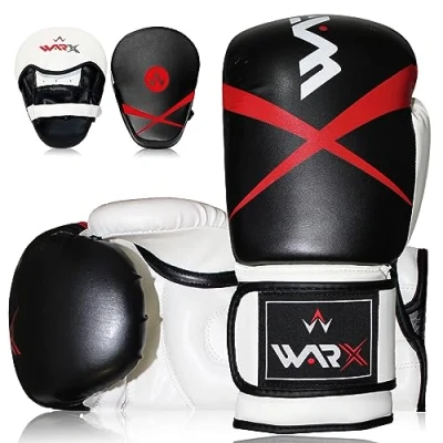 Image of WARX Boxing Gloves and Pads set Focus Punch Mitts MMA Training Sparring Hook Jab strike target with Punching (Black, 16oz)