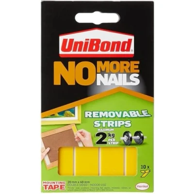 Image of Unibond No More Nails Removable Picture Hanging Strips, Adhesive Strips for Fast, Easy Mounting, Double Sided Sticky Tape Interior Use, Translucent Tape, Pack of 10 , Yellow