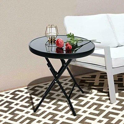 Image of Marco Paul Modern Black Colour Folding Table Round Shape Portable Space Saving Coffee and Drinks Storage Unique Side Indoor Outdoor Decor Furniture for Patio, Home or Garden