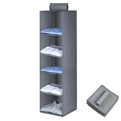Image of AiQInu Hanging Shelf Wardrobe, Storage Cupboard Organiser with 5 Compartments, Foldable, Space Saving, Sturdy Bamboo Stick, Reinforced System for Wardrobes