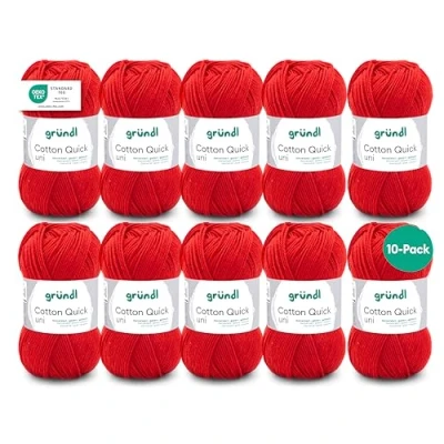 Image of Gründl Quick Plain Knitting Crochet yarn 10 balls (colourful made from 100%, Oeko Tex certified, 50 g/125 m, needle size: 3 4, x g), cherry, Cotton