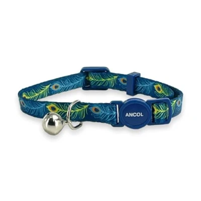 Image of Ancol Adjustable Cat Collar with Safety Bell and Break Apart Buckle Elegant Peacock Feather Pattern