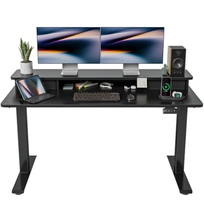 Image of FEZIBO Height Adjustable Electric Standing Desk with Double Drawer, 140 * 60cm Stand Up Table Storage Shelf, Sit Splice Board, Black Frame/Black Top