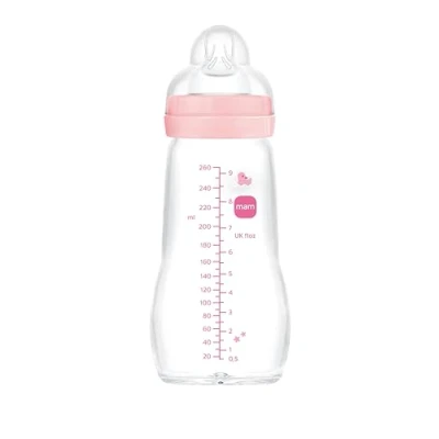Image of MAM Feel Good A163 Ultra Soft Glass Water Bottle with Patented SkinSoftTM Silicone Teat 2, for 0 Months and Above, 260 ml, Pink