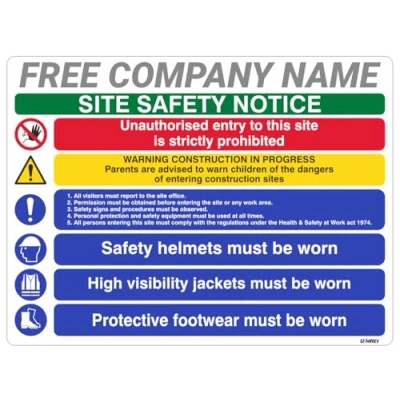 Image of 600x450mm Multi Hazard Site Safety Notice 6 Points Construction Sign with FREE Company Name