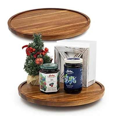 Image of ANBOXIT Lazy Susan Cupboard Organiser, 30cm Wooden Turntable, Acacia Wood Kitchen Rotating Spice Rack (2 Pack)