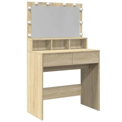 Image of vidaXL Sonoma Oak Dressing Table with LED Vanity Makeup Mirror, Engineered Wood Desk Storage Drawers for Bedroom