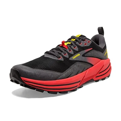 Image of Brooks Men&#039;s Cascadia 16 Running Shoe, Black Fiery Red Blazing Yellow, 11 UK