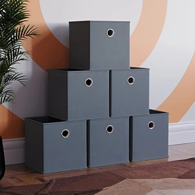 Image of Vida Designs Durham Foldable Storage Cube Baskets Fabric Box With Metal Easy Access Handle Home Organiser (6 Pack, Grey)