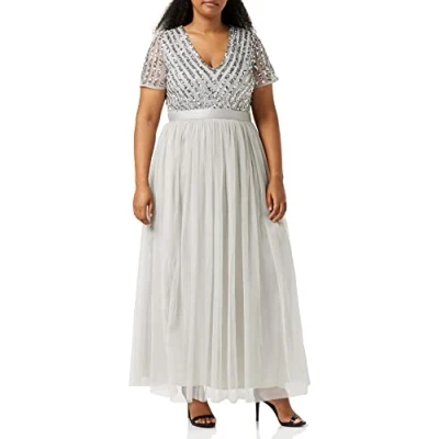 Image of Maya Deluxe Women&#039;s Soft Grey Stripe Embellished Maxi Dress with Sash Belt Bridesmaid, 12