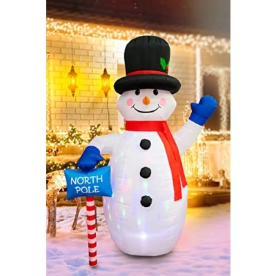 Image of 6ft Inflatable Hand Waving Snowman with North Pole Sign Board Pre Lit Mains Powered Multicolour LED Lights Christmas Props Outdoor Garden Decoration