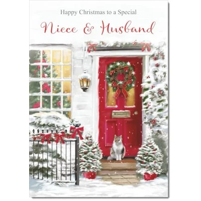 Image of doodlecards Niece and Husband Christmas Card Red Door Large A4 Size for &amp; with Plain Envelope