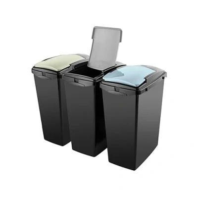 Image of Addis Recycling 40 litre waste kitchen plastic bins, Set of 3, modular system with lift lids, Black delicate Sage Green, Air Blue and Soft Grey