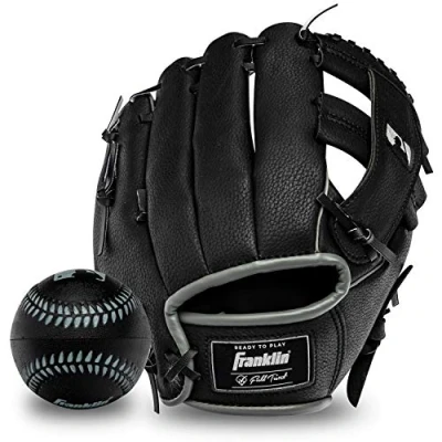 Image of Franklin Sports Tee Ball Glove Right Handed Youth Fielding MLB Synthetic Leather Baseball Ready to Play (RTP) 9.5 Inch Hand Throw Black with