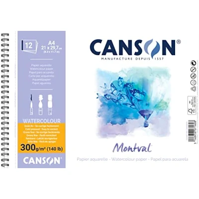 Image of Canson Spiral Bound Notepad AQ Montval Fine Watercolour 300 g/m² 12 Sheets per Pad on Short Side White 21 x 29.7 cm