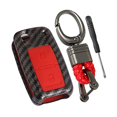 Image of Happyit ABS Carbon Fiber Shell + Silicone Car Key Cover Case fit for VW Volkswagen Amarok Polo Golf 4 5 6 MK4 Bora Jetta 2 Buttons (Red)