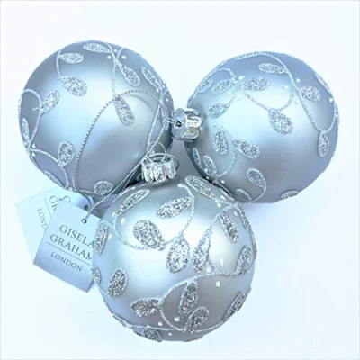 Image of Gisela Graham Set of 3 Silver Embossed Glitter Luxury Tree Baubles Decorations