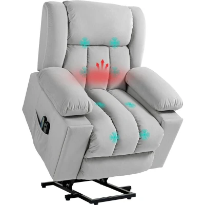 Image of HOMCOM Power Lift Recliner Chair with Vibration Massage and Heat, Electric for Elderly, Overstuffed Fabric Riser Reclining Armchair USB Ports, Cup Holders, Light Grey